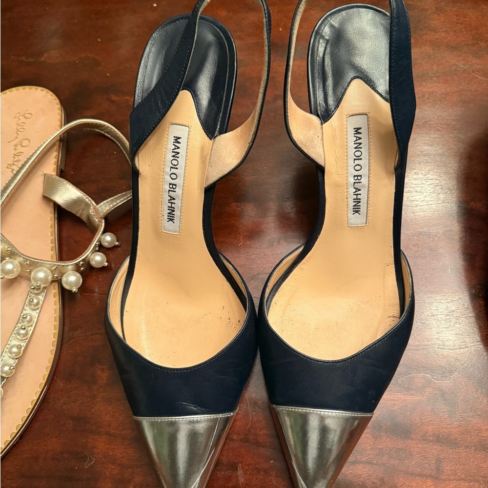 Manolo Blahnik Navy and Silver Heels